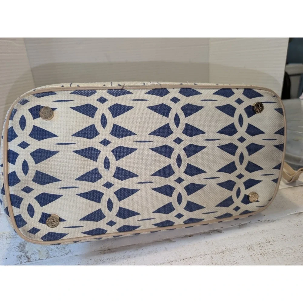 Spartina 449 Jetetter Tote Bag In Navy & Ivory Linen w/Tan Leather Trim Preppy